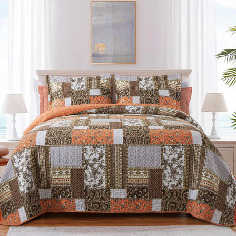 BEDIFANY Farmhouse Cotton Quilts Queen Size for Fall - Lightweight Patchwork Autumn Bedspread Set for Bed Coverlet - Highly-Woven Soft Reversible Bed Spread for All Seasons (Floral Orange) 3 Pieces BEDIFANY