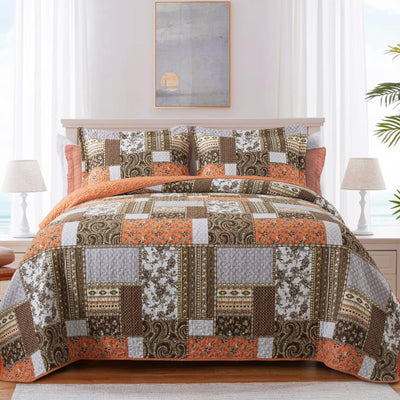 BEDIFANY Farmhouse Cotton Quilts Queen Size for Fall - Lightweight Patchwork Autumn Bedspread Set for Bed Coverlet - Highly-Woven Soft Reversible Bed Spread for All Seasons (Floral Orange) 3 Pieces