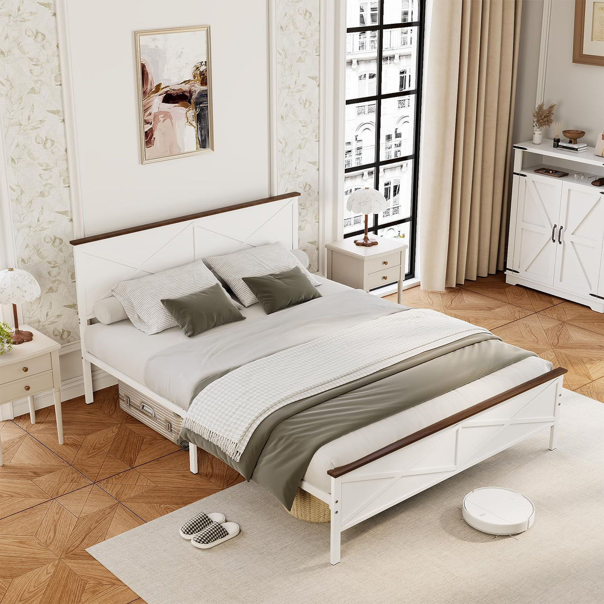 VOPEAK Farmhouse Full Bed Frame with Headboard and Footboard, Bed Frame Full Size Metal Platform with Under Bed Storage, Noise Free, No Box Spring Needed, Easy to Install, Sturdy & Stable, White VOPEAK