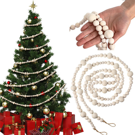 27feet Christmas Wooden Beads Wood Garland for Christmas Tree Bobo Christmas Holiday Decoration Boho Wall Hanging Farmhouse Home Decor Rustic(Wood Color) Syhood