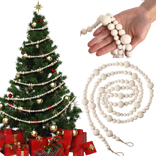 27feet Christmas Wooden Beads Wood Garland for Christmas Tree Bobo Christmas Holiday Decoration Boho Wall Hanging Farmhouse Home Decor Rustic(Wood Color)