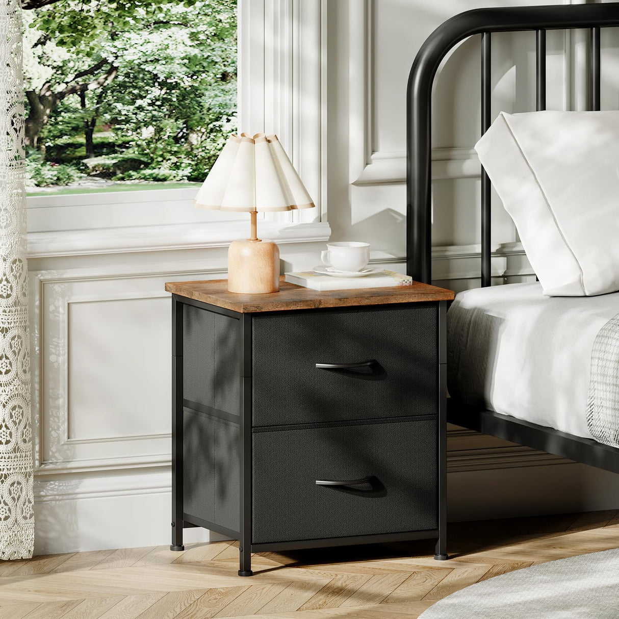 Somdot Nightstand with 2 Drawers, Bedside Table Small Dresser with Removable Fabric Bins for Bedroom Nursery Closet Living Room - Sturdy Steel Frame, Wood Top, Pull Handle - Black Somdot