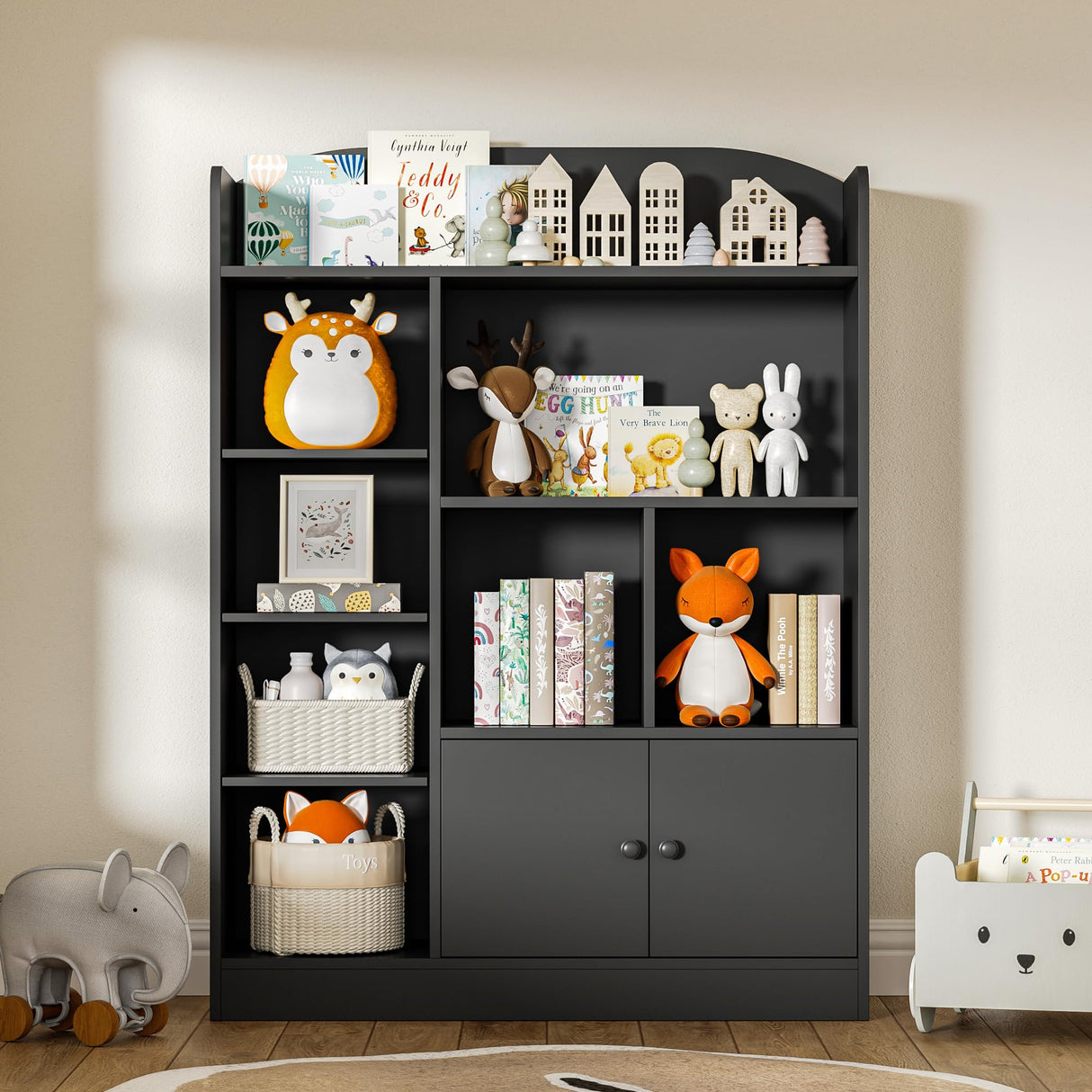 DIYART Black Kids Bookshelf, Kids Bookcase with 7 Cubbies and 2 Cabinets, Freestanding Book Storage Shelves for Bedroom, Playroom, Hallway DIYART