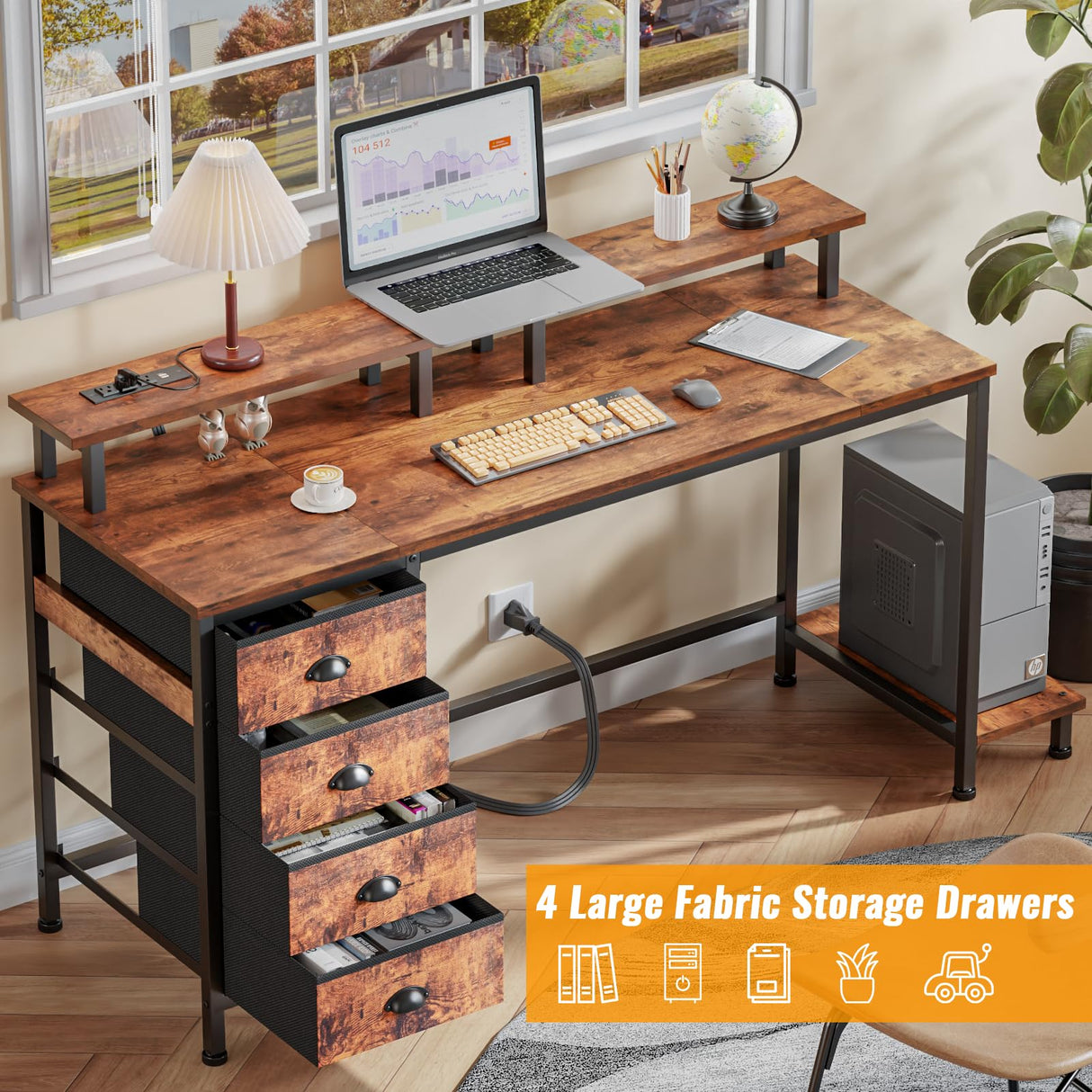 Furologee 55in Computer Desk with 4 Drawers, LED Gaming Desk with Power Outlets, Office Desk with Full Monitor Stand and Storage Shelf, Study Work Desk for Home Office Bedroom, Rustic Brown Furologee