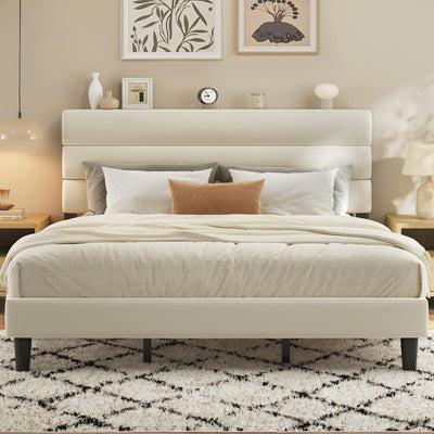 Fluest King Bed Frame, Platform Bed with Velvet Upholstered Headboard, No Box Spring Needed, Sturdy Metal Support, Noise Free, Easy Assembly, Mattress Foundation, Modern Bedroom Furniture, Beige
