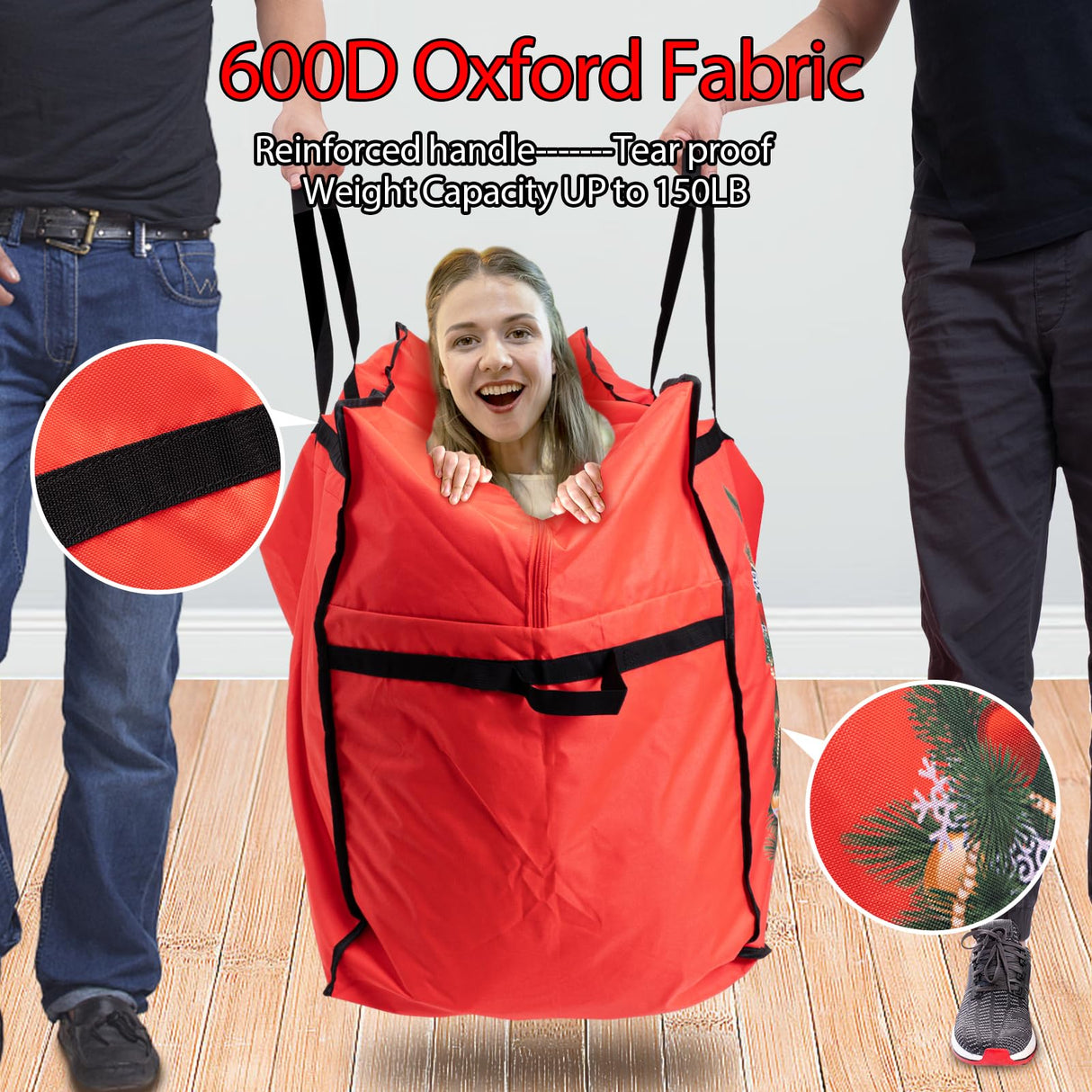 HikooLSS Christmas Tree Storage Bag 12 Ft Tall Tree Container/Holder Heavy Duty Oxford Dual Mesh Pockets,Moistureproof,Extra Large Christmas Tree Box for Big Xmas Tree Wide Opening Red(65X23X27in) HikooLSS