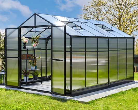 Jocisland 8x12 FT Polycarbonate Greenhouse with Quick-Connect Fittings, Walk-in Large Aluminum Greenhouse with 2 Swing Doors, Winter Greenhouse for Outdoors Black