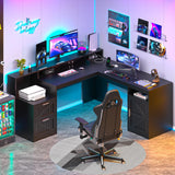 YOMILUVE 63" Farmhouse L Shaped Desk with Drawers & Storage Shelf, Corner Computer Desk with Power Outlets for Home Office, Executive Desk with Monitor Stand, Printer Shelf, Black YOMILUVE