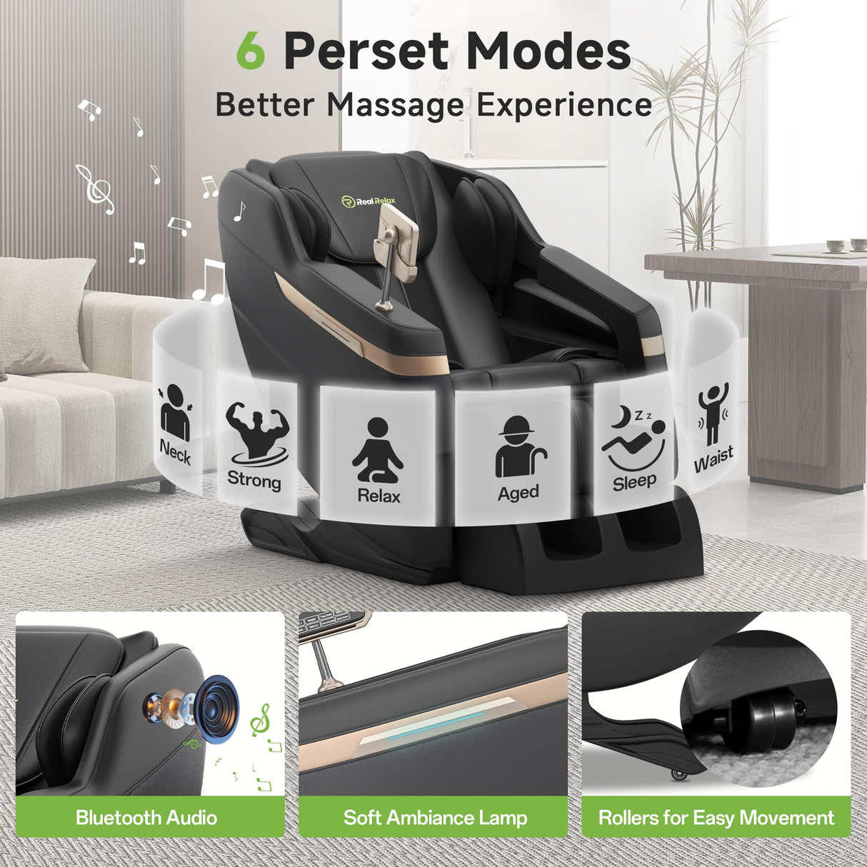 Real Relax 2025 Full Body Massage Chair, Zero Gravity Shiatsu Massage Chair Recliner, Waist and Calf Heating, Foot Massage, Bluetooth, Large Control Screen (Black and Gold) Real Relax