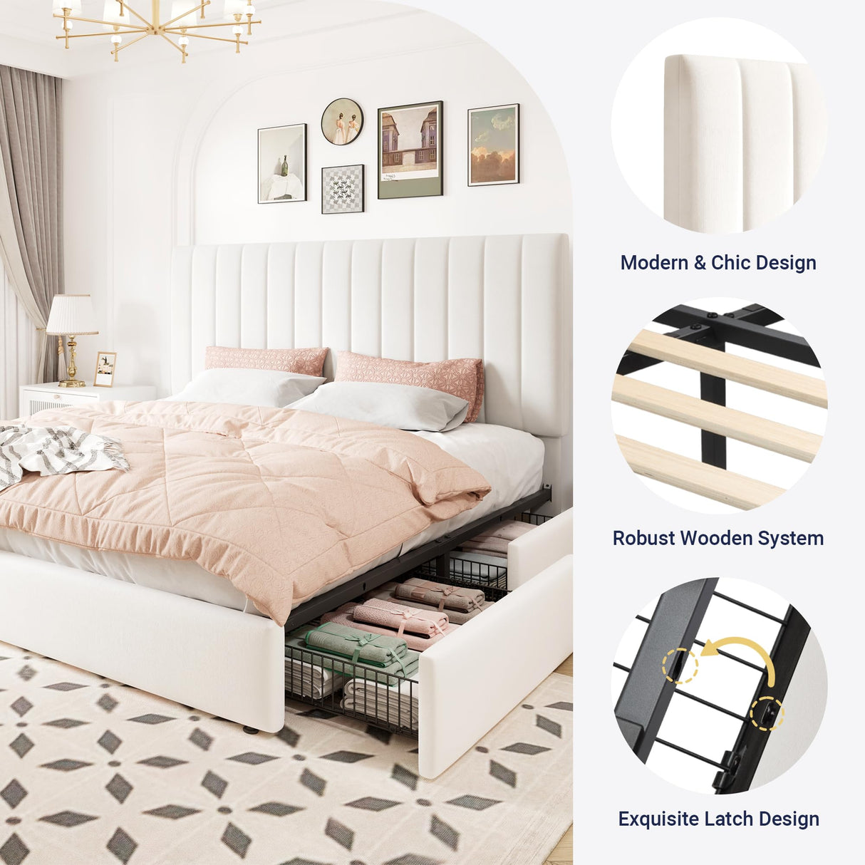 Allewie King Size Storage Bed Frame, Vertical Channel Tufted Adjustable Headboard, Velvet Upholstered Platform Bed with 4 Oversized Underbed Drawers, Wooden Slats Support, No Box Spring Needed, White Allewie