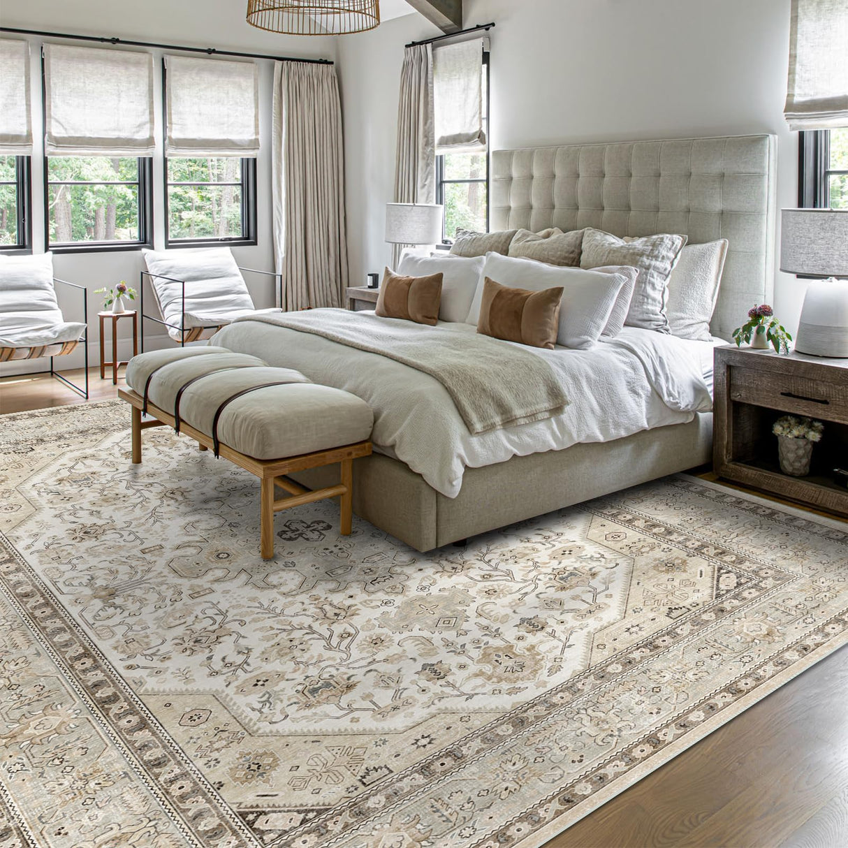 HILORUUG Washable Area Rug 9x12 - Bedroom Living Room Large Indoor Oriental Rugs - 0.13inch Low Pile Stain Resistant Rugs with Rubber Backing for at Least 108 sq ft Spaces (9x12 Ivory/Multi) HILORUUG