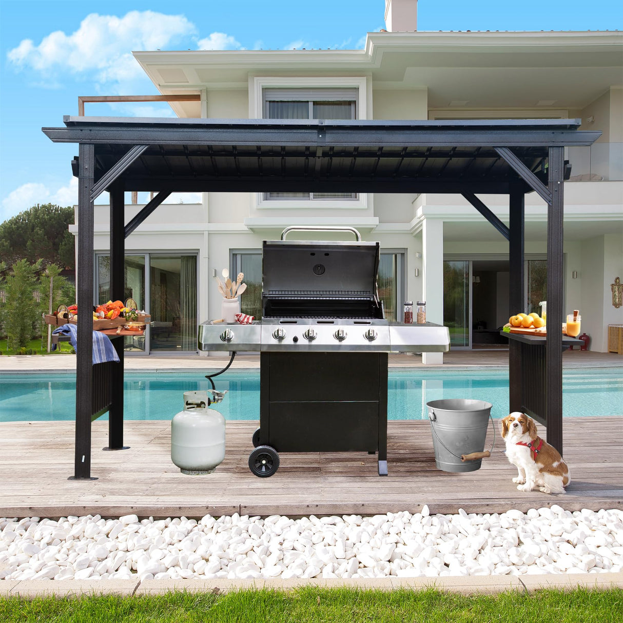 Domi 6.5x12FT Hardtop Grill Gazebo, Outdoor BBQ Gazebo with 2 Side Shelves and Ceiling Hook, Outdoor Grill Canopy with Galvanized Steel Slope Roof for Patio Lawn Backyard Deck, Grey domi outdoor living