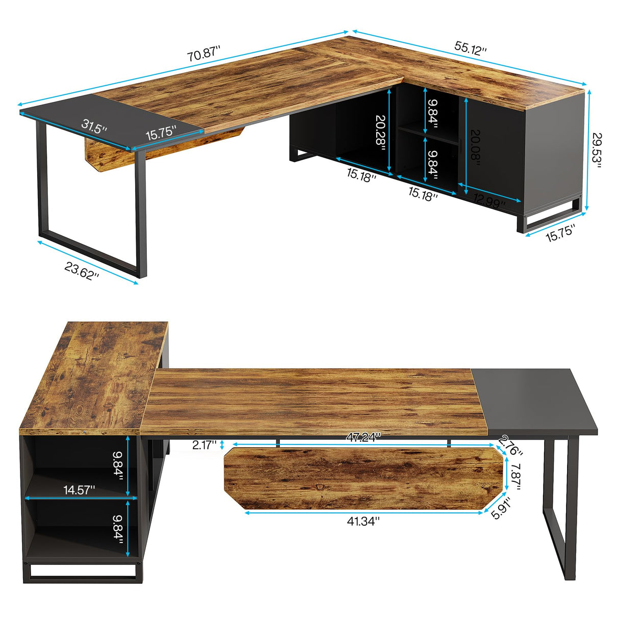 Tribesigns 70.8" Executive Desk with 55" File Cabinet, Industrial L Shaped Computer Desk with Storage Shelves and Cabinet, Large L Shaped Executive Desk for Home Office, Rustic Brown & Black Tribesigns