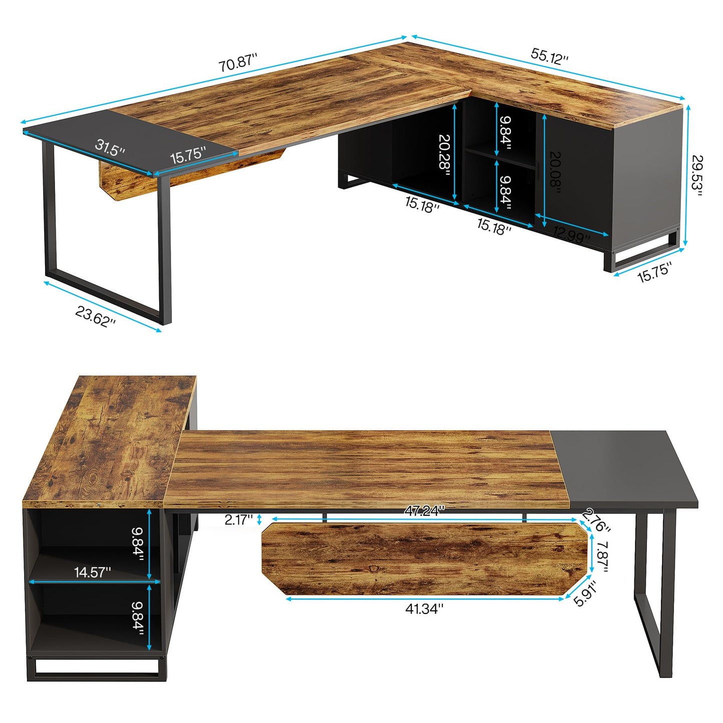 Tribesigns 70.8" Executive Desk with 55" File Cabinet, Industrial L Shaped Computer Desk with Storage Shelves and Cabinet, Large L Shaped Executive Desk for Home Office, Rustic Brown & Black - WoodArtSupply