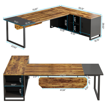 Tribesigns 70.8" Executive Desk with 55" File Cabinet, Industrial L Shaped Computer Desk with Storage Shelves and Cabinet, Large L Shaped Executive Desk for Home Office, Rustic Brown & Black - WoodArtSupply