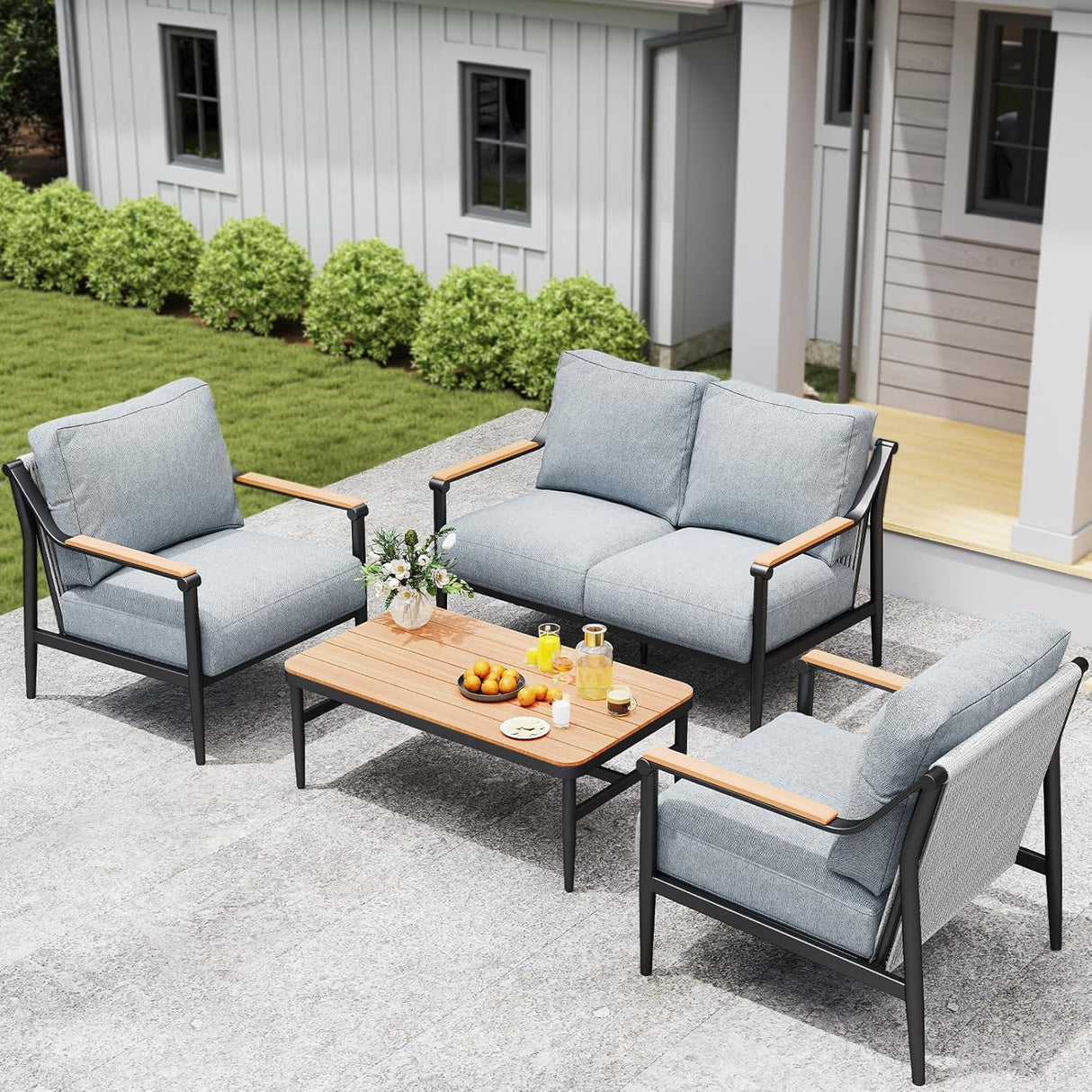 Jocoevol 4 Pieces Outdoor Sofa Conversation Set, 4 Seats Couch Set with Table, Metal Frame Rope Weaving Design UV Resistance Waterproof for Patio Garden Balcony, Grey Jocoevol