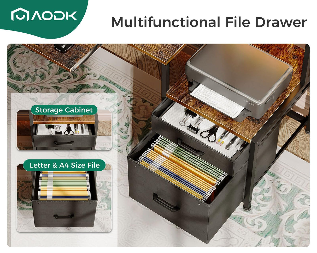 AODK 48" Computer Desk with Fabric File Cabinet and Drawer, Reversible Office Desk with Power Outlet and LED Light, Study Desk with Printer Stand, Keyboard Tray, Monitor Riser and PC Stand, Vintage AODK