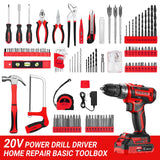 Red Drill Tool Kit Set: 20V Cordless Power Drill Tool Box with Battery Electric Drill Driver for Men Home Hand Repair Basic Toolbox Tools Sets Drills Case DEKOPRO