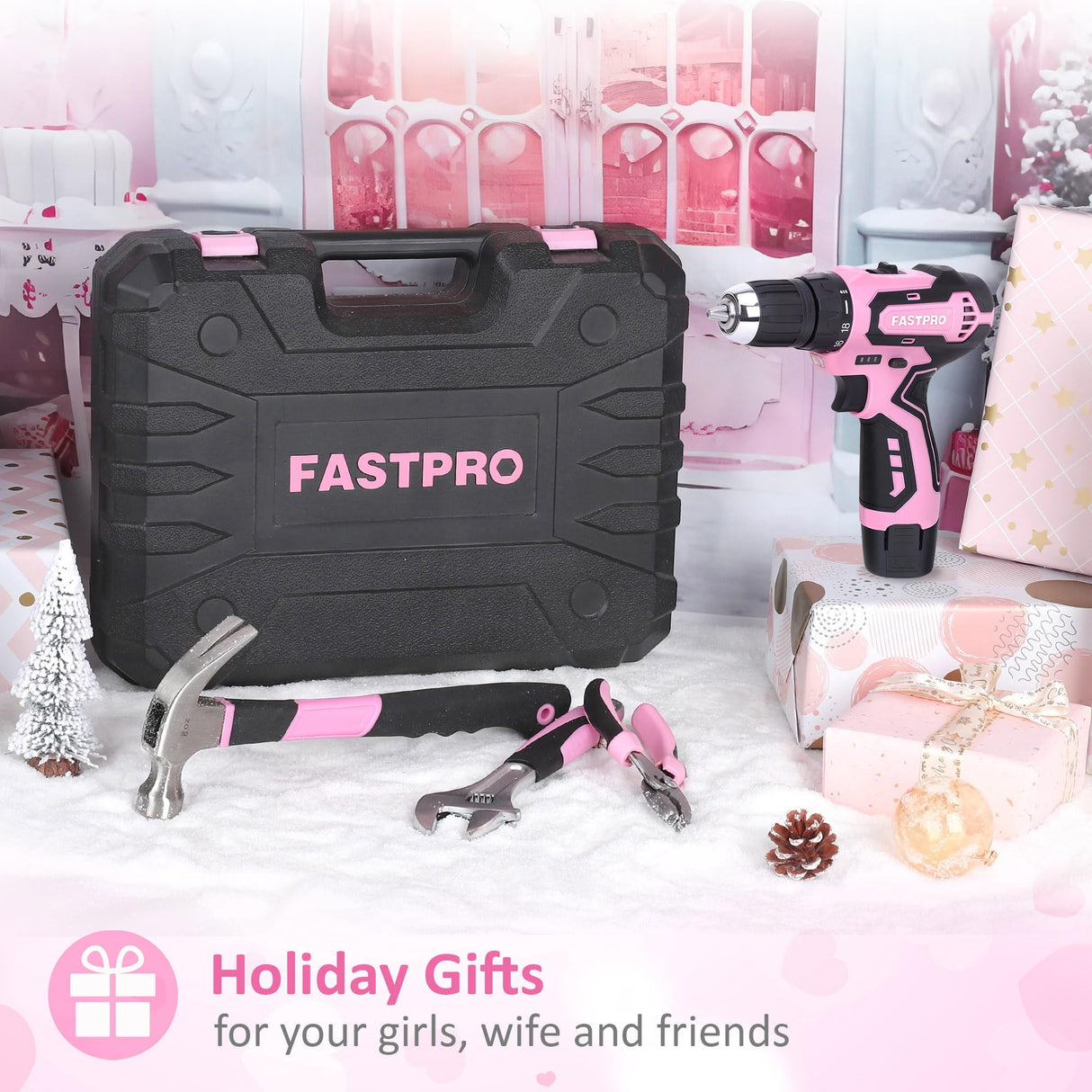 FASTPRO 160-Piece Pink Tool Set with 12V Cordless Lithium-ion Drill Driver, Lady's Home Repairing Tool Kit with Drill in Storage Case, For DIY, Home Maintenance. FASTPRO