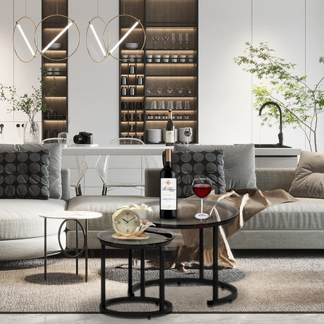 aboxoo Black Nesting Coffee Glass Table Set of 2, Metal Freme Side End Tables for Living Room Bedroom for Apartment Small Place Modern Industrial Simple, 23.6D x 23.6W x 17.7H in aboxoo