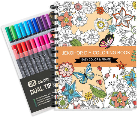 Jekohor Adult Coloring Book Set,Spiral Bound Coloring Book for Adults Relaxation with 36 Colors Markers, Anxiety Relief Gifts with 30 Patterns Included Mandala Animal Flowers Jekohor