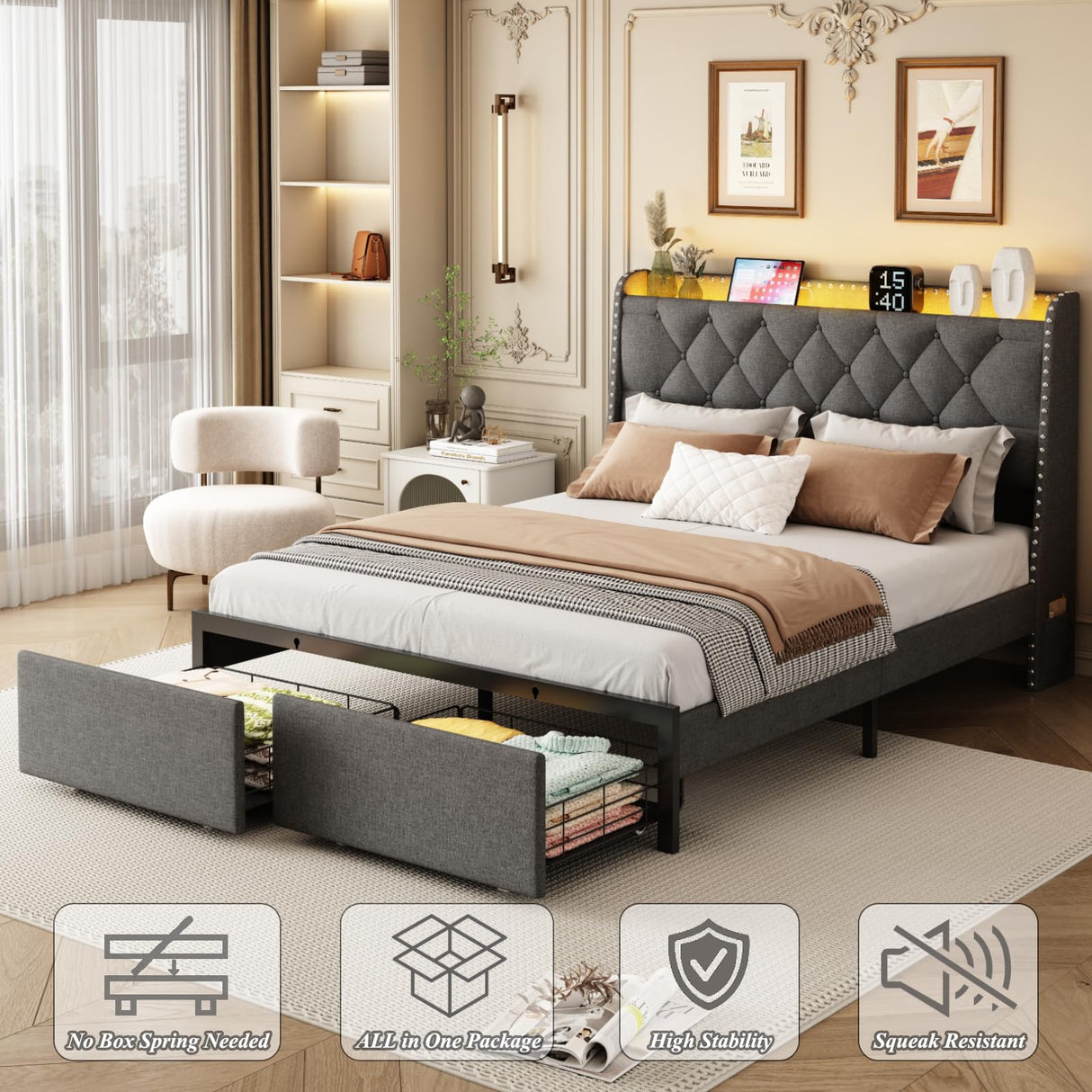 Queen Size Bed Frame with Storage Headboard and 2 Drawers, Upholstered Button Linen Platform Bed frame with Led Lights and Charging Station, No Box Spring Needed, Easy Assembly, Noise Free, Gray TIGUBFRE