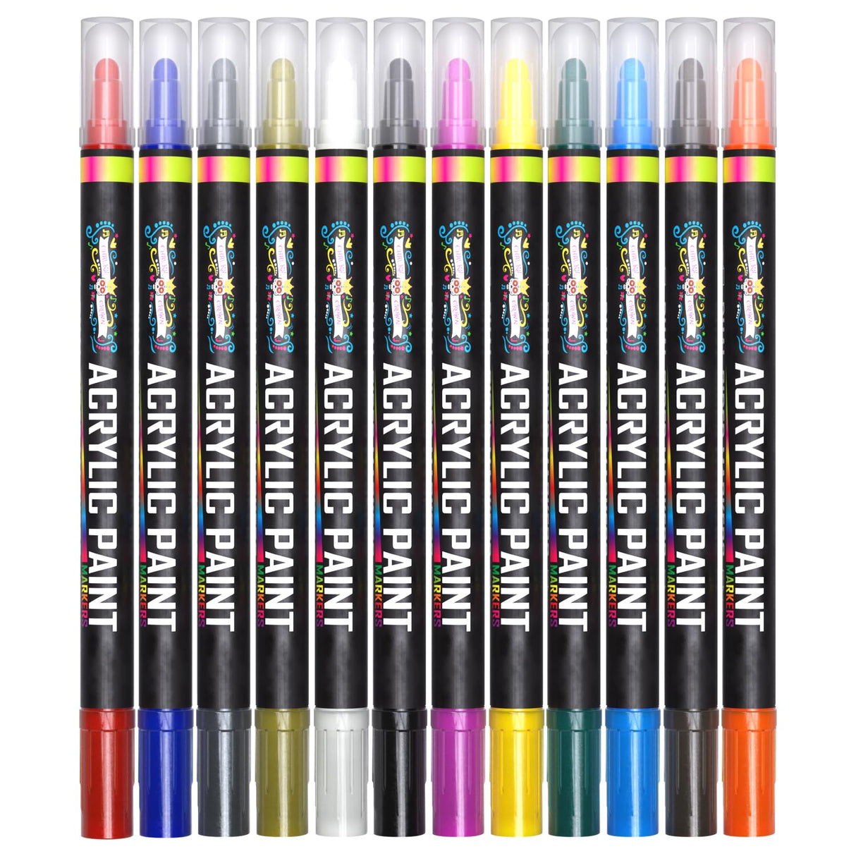Acrylic Paint Markers Dual Tip (12 Pack) - Acrylic Markers Paint Pens for Rocks - Bold Acrylic Paint Pens Fine Tip and Dot Tip - Fabric Makers Permanent for Clothes Water Based Markers - Chalky Crown CHALKY CROWN