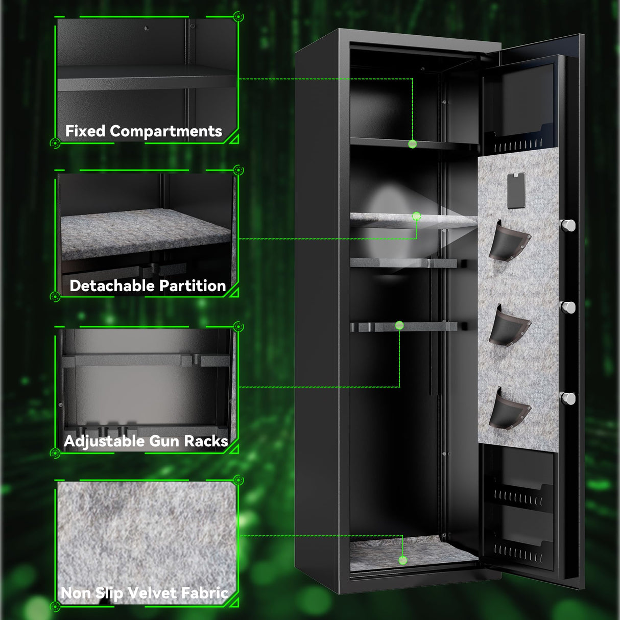 8-10 Gun Safe for Rifles and Pistols,Home Safety Cabinet,No Assembly Required Gun Storage,Biometric Fingerprint Locking Cabinet,Electronics Key Password Safes,Adjustable Partition Rifle Safes Leariso