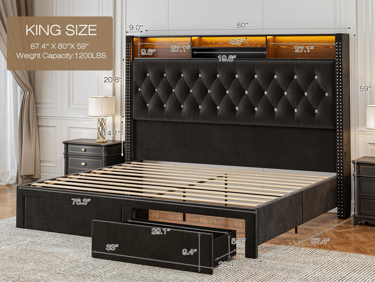 CIKUNASI Upholstered King Size Bed with Headboard and Storage, 60" Tall with 2 Drawers, Tufted Wingback Bed LED Light, Charging Station, No Box Spring Needed CIKUNASI