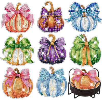 8 Pcs DIY Diamond Art Painting Fashion Pumpkins Coasters with Holder, Diamond Craft Supplies Coasters for Drinks.PUM14