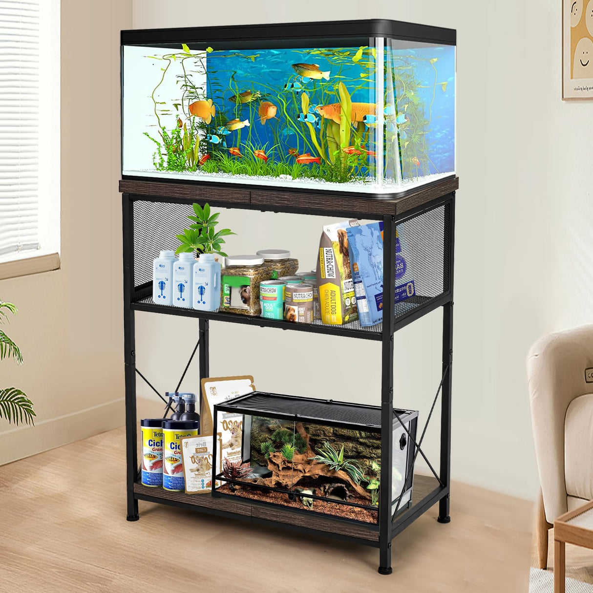 LALA IKAI Fish Tank Stand for 10-20 Gallon Aquariums Heavy Duty Adjustable Height Double Tier Steel Structure Sturdy Design Reptile Cage or Tank Storage Cabinet, Black LALA IKAI