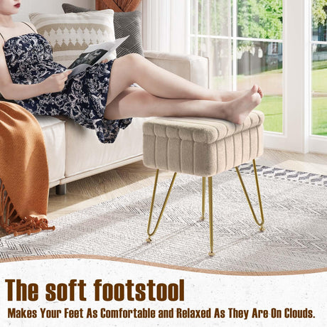 Greenstell Vanity Stool Chair Faux Fur with Storage, 15.7"L x 11.8"W x 19.4"H Soft Ottoman 4 Metal Legs with Anti-Slip Feet, Furry Padded Seat, Modern Multifunctional Chairs for Makeup, Bedroom,Camel GREENSTELL