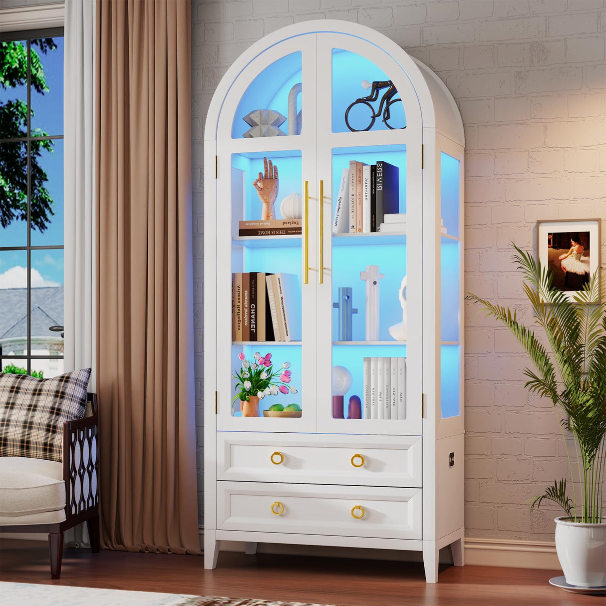 EOAWE Arched Curio Cabinet with Glass Doors, 4-Tier Display Cabinet with 2 Drawers, Tall Bookcase with 3 Color Lights, Display Case, Kitchen Pantry (White) EOAWE