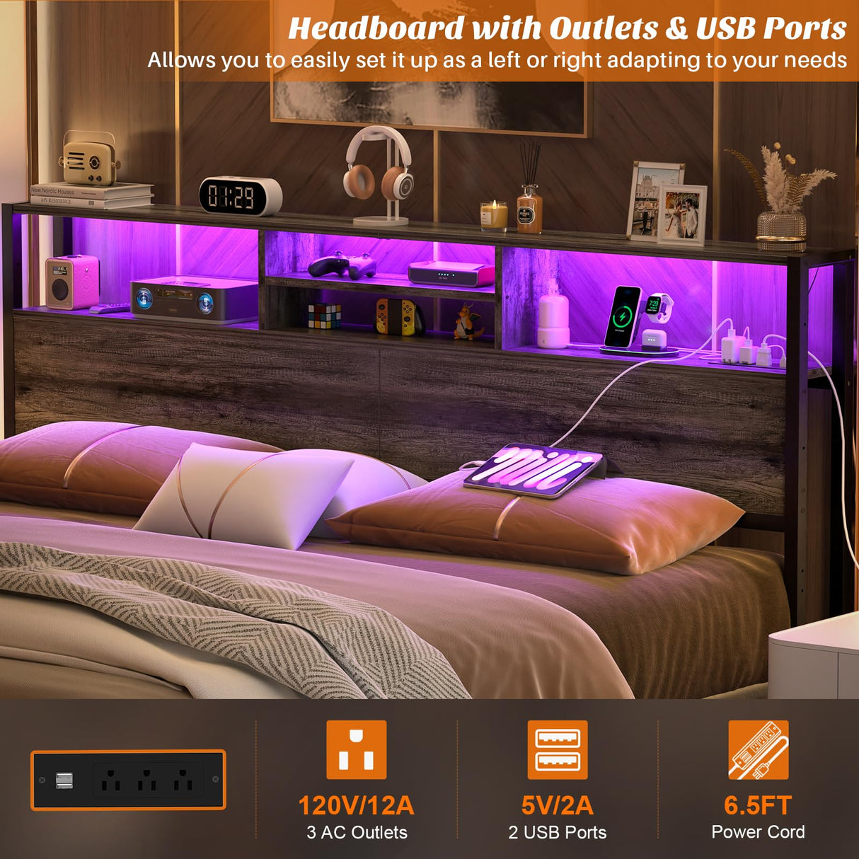 Aheaplus King Size Headboard with Storage, USB Ports, and LED Lighting - Adjustable and Reversible Design in Black Oak Aheaplus