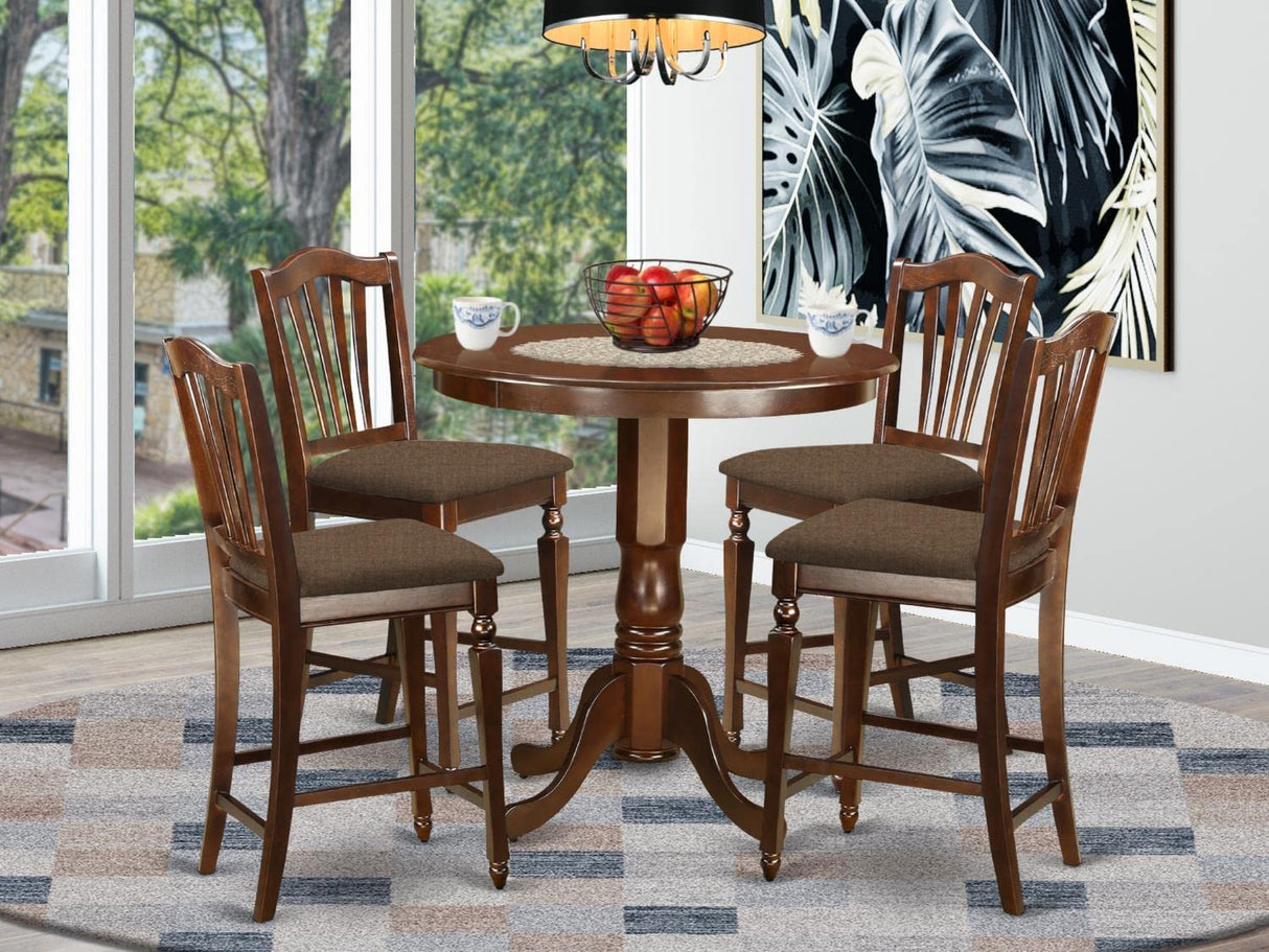 East West Furniture JACH5-MAH-C 5 Piece Counter Height Dining Table Set Includes a Round Kitchen Table with Pedestal and 4 Linen Fabric Upholstered Dining Chairs, 36x36 Inch, Mahogany East West Furniture