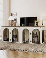 Hzuaneri 88.4" Dog Crate Furniture for 2 Dogs, Heavy Duty Indoor Dog Kennel TV Stand, XXL Wooden Dog Cage with Divider for Medium Large Dogs, End Table Dog Crate with Cushion, White Brown DFC84014BV1 Hzuaneri