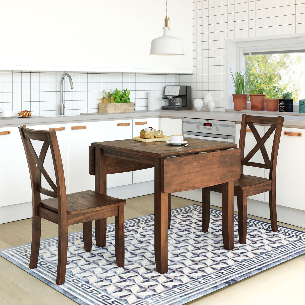 Harper & Bright Designs 3-Piece Wood Drop Leaf Dining Table Set with 2 X-Back Chairs, Space-Saving Breakfast Nook Dining Set, Brown Harper & Bright Designs