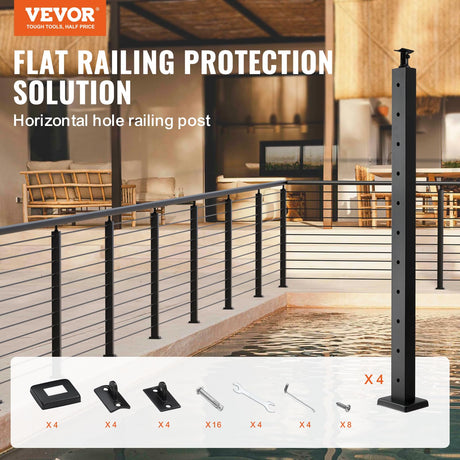 VEVOR 4-Pack Cable Railing Post, 36" x 1" x 2" Steel Horizontal Hole Deck Railing Post, 11 Pre-Drilled Holes, SUS304 Stainless Steel Cable Rail Post with Horizontal and Curved 4JZLGZHS9142C2KYMV0 VEVOR