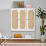QEIUZON Wardrobe Closet, Rattan Freestanding Wardrobe Cabinet with Storage Cubes & Hanging Rod, Bedroom Armoire, 3-Doors-White QEIUZON