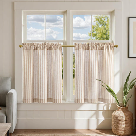 jinchan Striped Linen Kitchen Curtains 24 Inches Length Tier Curtains Farmhouse Modern Cafe Style Small Window Treatments Airy Light Filtering Rod Pocket for Living Room Bathroom 2 Panels Tan jinchan
