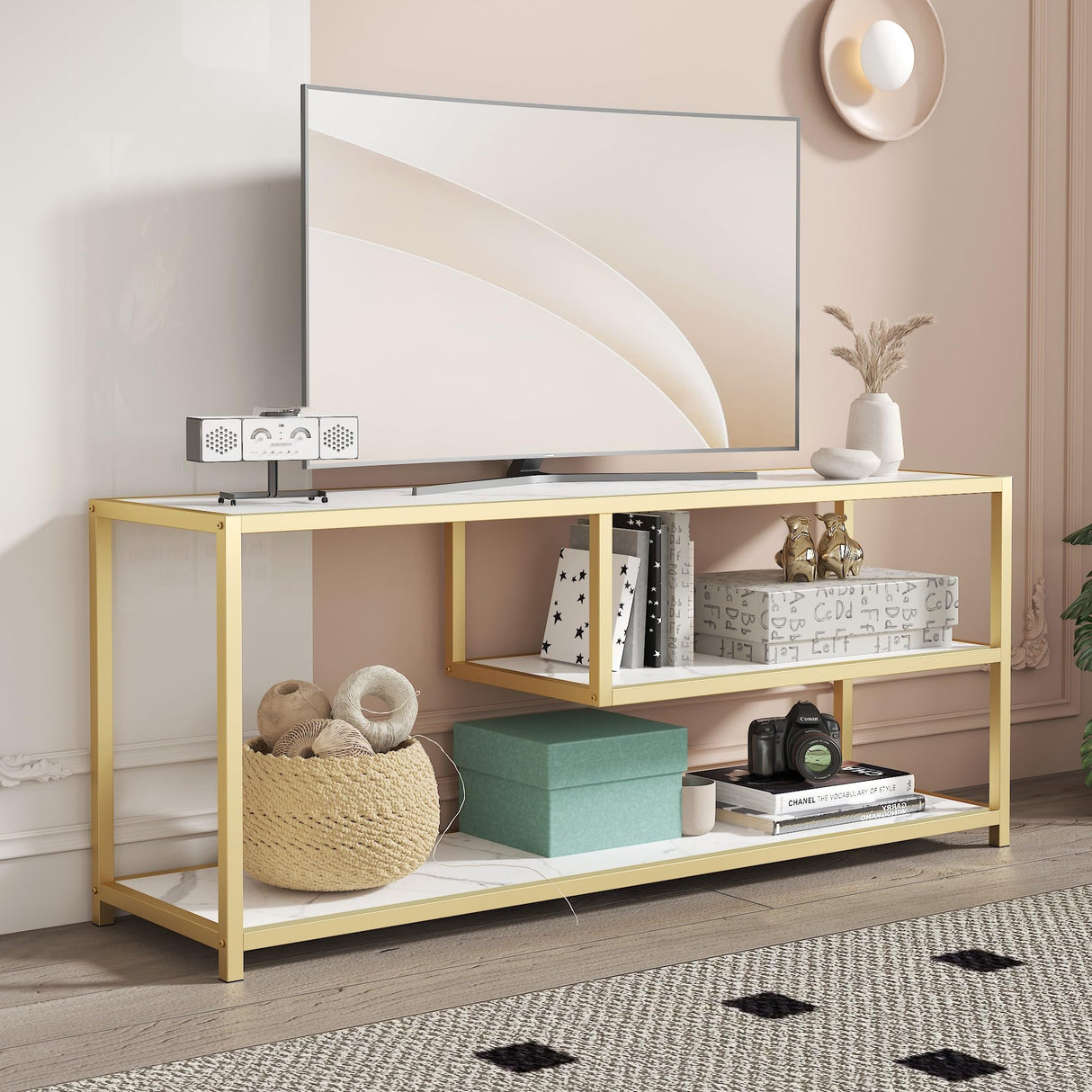 Function Home TV Stand for TVs up to 55 Inch, 3 Tier Entertainment Center, Media Console with Open Storage Shelves for Living Room Bedroom, 47” Modern TV Table with Faux Marble Top Gold Metal Leg Function Home