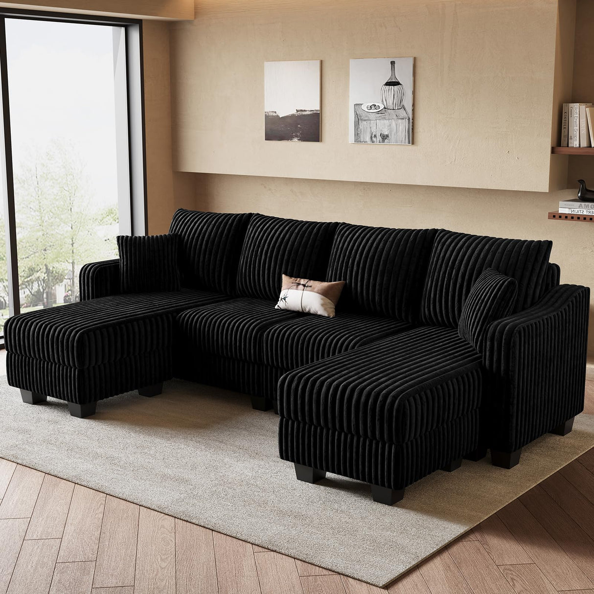Belffin U Shaped Couch with Reversible Chaises Sectional Couches for Living Room Sectional Couch with Ottomans Corduroy (Black, U Shaped) Belffin
