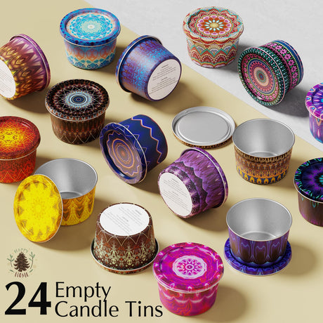 Happyhube Empty Candle Tins - 24 Pack 2.2 oz Metal Containers, DIY Candle Making Kits, Travel-Friendly Rust-Proof Tins with Lids (24 Patterns Jars) Happyhube