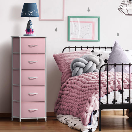 Sorbus Fabric Dresser for Kids Bedroom - Chest of 5 Drawers, Tall Storage Tower, Clothing Organizer, for Closet, for Playroom, for Nursery, Steel Frame, Fabric Bins - Wood Handle (Pink) Sorbus