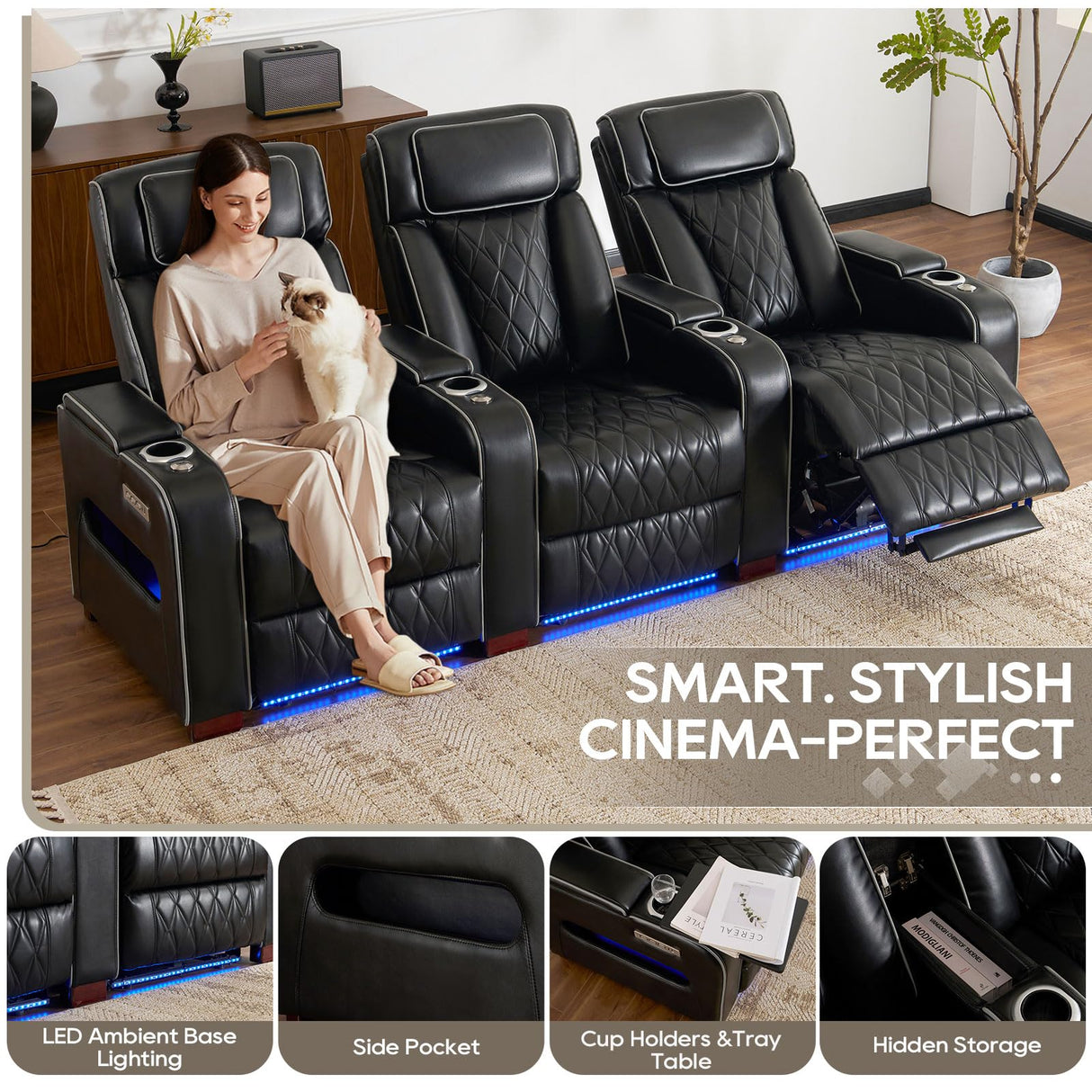 CALIVIA Luxury Home Theater Seating – Power Recliner with Adjustable Headrests, Blue LED Ambient Lighting, Tray Table, USB & Type-C Charging (Black,2 Seat) CALIVIA