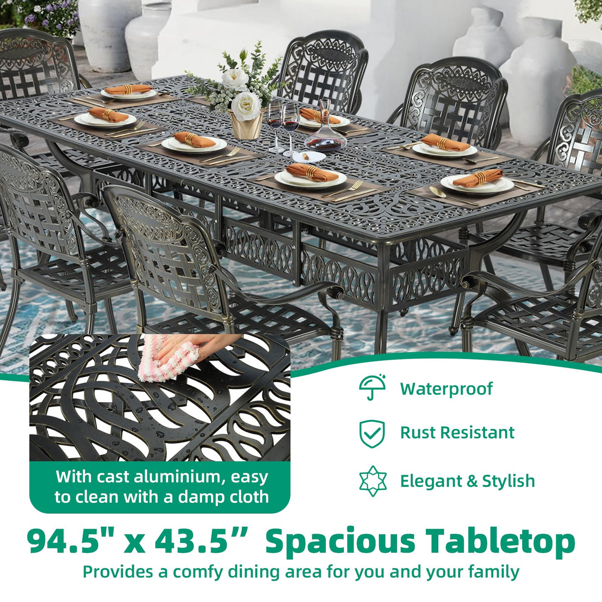 VIVIJASON 94.5" Patio Dining Table for 8-10 People, Large Rectangle Cast Aluminum Dining Table with 2" Umbrella Hole, Weather-Resistant Patio Dining Table for Deck Garden Backyards, Dark Bronze VIVIJASON