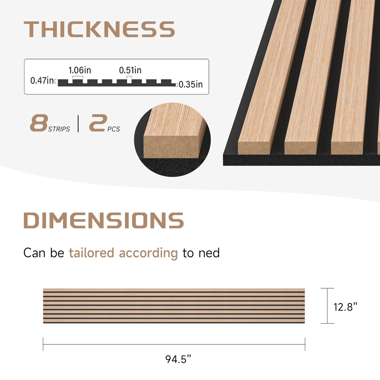 POHARE Wood Slat Wall Panels, 2 Pack 8 x 1 ft Decorative Wood Panels for Wall,Stylish Wall Panels for Interior Wall Decor, Modern Acoustic Wood Wall Panels with Felt Backing, Oak POHARE