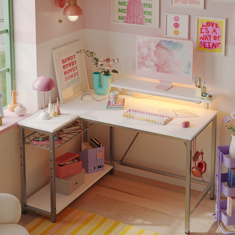 Bestier Gaming Desk with Power Outlets, 42" L-Shaped Gaming Desk with LED Lights, Desk with Reversible Storage Shelves & Hooks for Small Spaces, Bedrooms & Offices, Carbon Fiber White Bestier