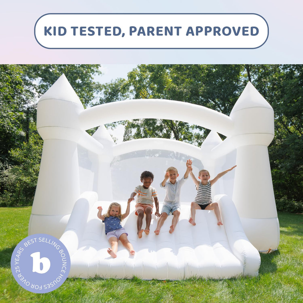 Bounceland Party Castle Daydreamer Cloud Bounce House, 16.4 ft L x 13.1 ft W x 9.3 ft H, Basketball Hoop, UL Strong Blower Included, Trendy Pastel Color, Fun Slide & Bounce Area, Castle Theme for Kids Bounceland
