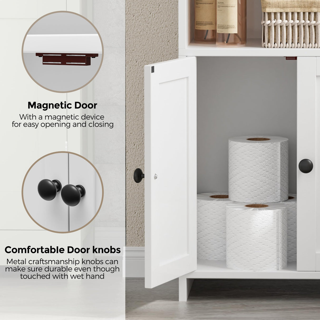 Homhedy Small Bathroom Storage Cabinet, Freestanding Toilet Paper Storage with 2 Doors and Shelves, Bathroom Organizers and Storage for Small Spaces, Laundry Room, 7.9" D x 14.6" W x 31" H, White Homhedy
